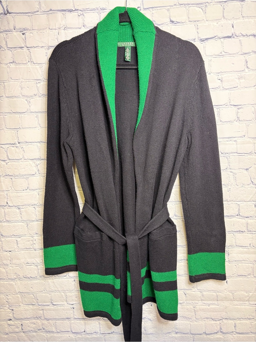Lauren Ralph Lauren Black Green Preppy Varsity Belted Shawl Cardigan Jacket XL